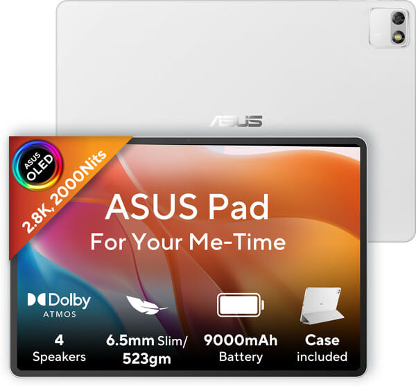 ASUS Pad (12.2inch) 2.8K 2000Nits OLED, MediaTek D8300, 8 GB RAM 256 GB ROM with Wi-Fi Only Tablet (Pure White)