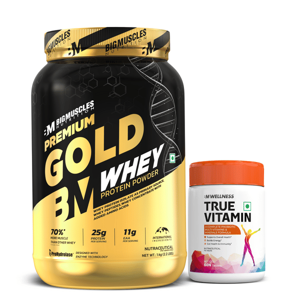 Buy Big Muscles Nutrition|Premium Gold Whey + Multivitamin - 1Kg | 60tablets (Belgian Chocolate) on EMI