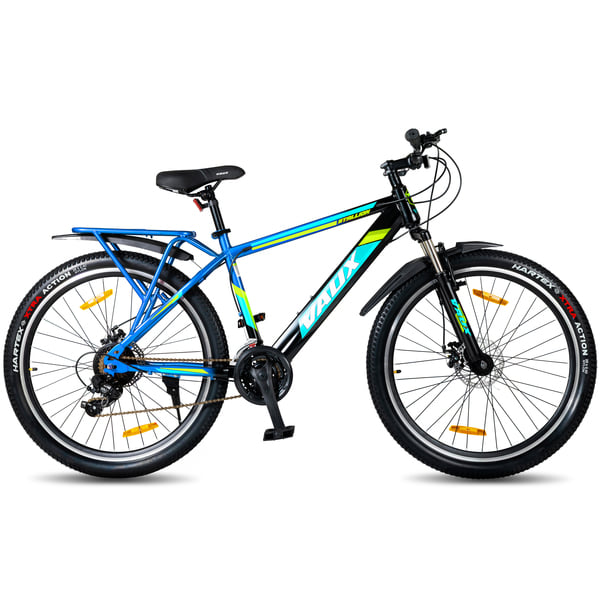 Buy Vaux Stallion-Pro 26T Gear Cycle for Men with Integrated Carrier, MTB Bicycle with 21 Speed Shimano Gears, Front Suspension, Dual Disc Brakes, 17" Hi-Ten Steel Frame, Alloy Rims(Blue-Black) on EMI
