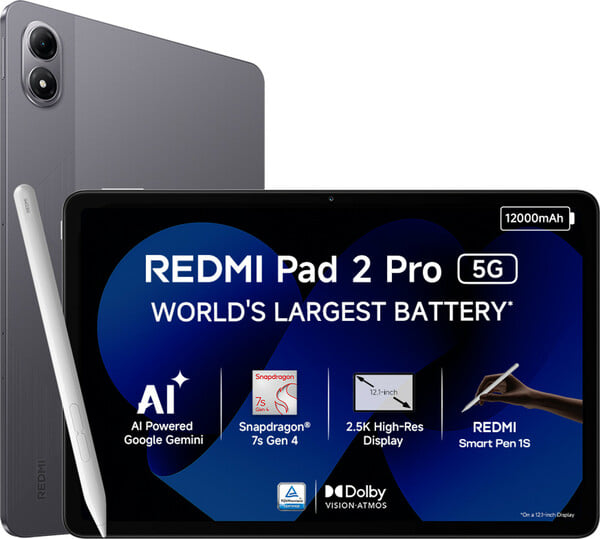 Buy REDMI Pad 2 Pro 5G with Smart Pen 1S 8 GB RAM 256 GB ROM 12.1 inch with Wi-Fi+5G Snapdragon 7s Gen 4 Tablet (Graphite Grey) on EMI
